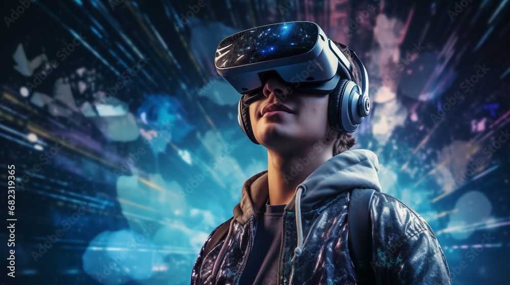 Virtual Reality Experience: Young Man with VR Headset Immersed in a Digital Universe. Young Man Explores the Metaverse's Virtual Space. Gaming and Futuristic Entertainment Concept. Virtual Reality Experience: Young Man with VR Headset Immersed in a Digital Universe. Young Man Explores the Metaverse's Virtual Space. Gaming and Futuristic Entertainment Concept.