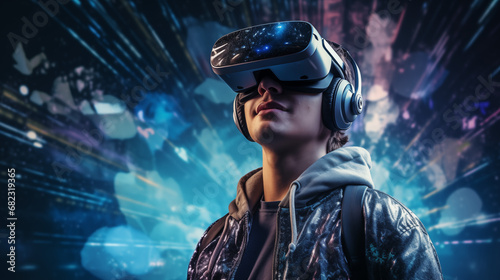 Virtual Reality Experience: Young Man with VR Headset Immersed in a Digital Universe. Young Man Explores the Metaverse's Virtual Space. Gaming and Futuristic Entertainment Concept. © FILIP ROCH