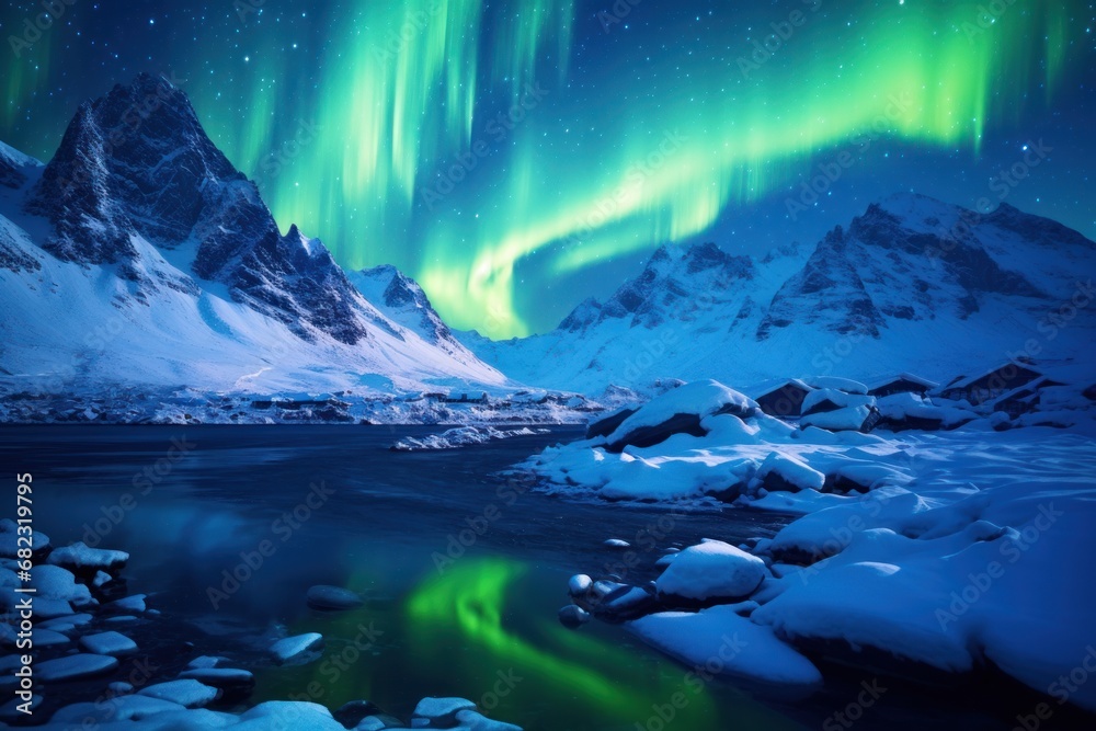 a beautiful view of the northern lights over a mountain range and a body of water in the foreground with snow on the ground and rocks in the foreground. a beautiful view of the northern lights over a mountain range and a body of water in the foreground with snow on the ground and rocks in the foreground.
