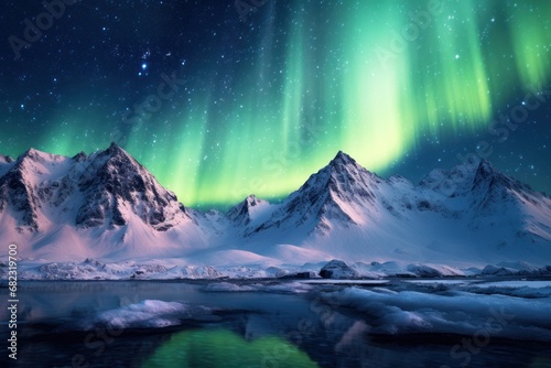  a mountain range covered in snow under a green and blue sky with a bright aurora light in the sky over the top of the mountain range is a body of water.