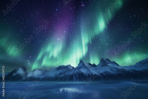 a green and purple aurora bore in the sky above a mountain range with snow on the ground and stars in the sky over the top of the top of the mountains.