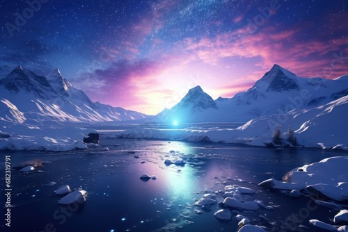  a snow covered mountain range with a lake in the foreground and a bright star in the sky in the middle of the picture, with a pink and blue hue in the middle of the sky.