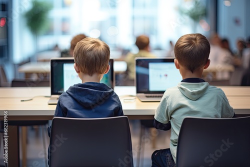 A boy look and work on a laptop, a view from behind. Schoolchildren.