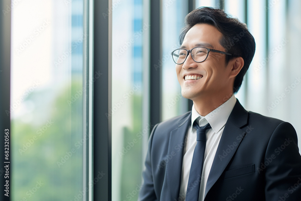 The portrait of an Asian mature businessman in a tidy suit with glasses smiles and stands confidently in the hallway of a modern company. Generative AI. The portrait of an Asian mature businessman in a tidy suit with glasses smiles and stands confidently in the hallway of a modern company. Generative AI.