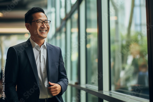 The portrait of an Asian mature businessman in a tidy suit with glasses smiles and stands confidently in the hallway of a modern company. Generative AI. photo