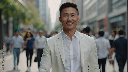 A Vision of Success: A Confident Asian Businessman Navigates the Urban Landscape