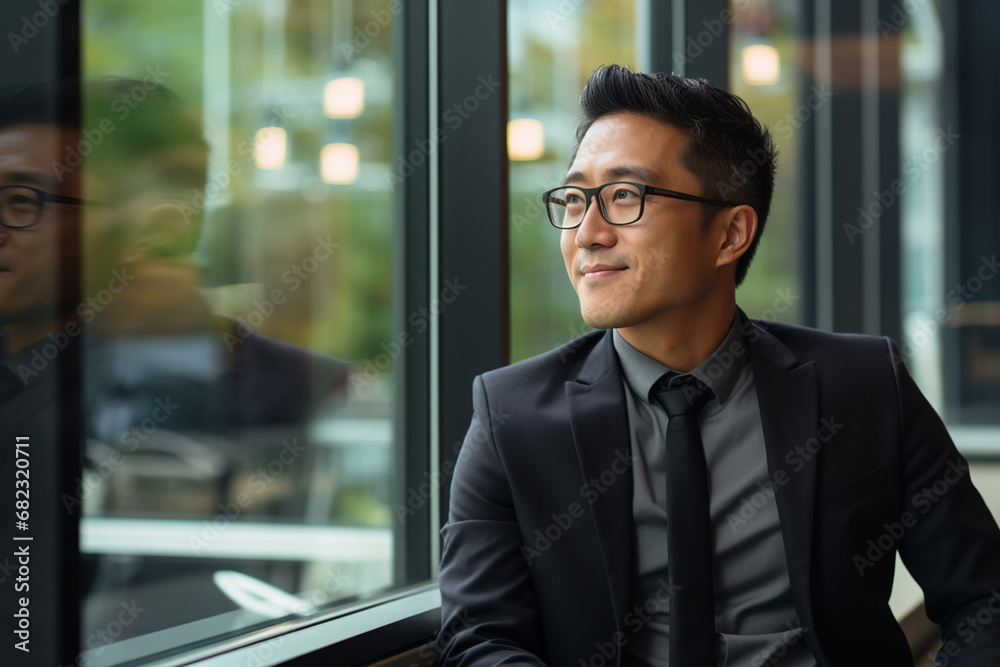 The portrait of an Asian mature businessman in a tidy suit with glasses smiles and stands confidently in the hallway of a modern company. Generative AI. The portrait of an Asian mature businessman in a tidy suit with glasses smiles and stands confidently in the hallway of a modern company. Generative AI.