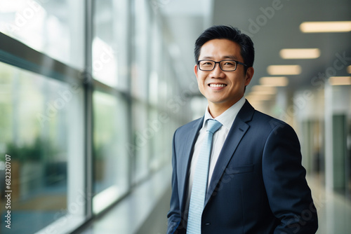 The portrait of an Asian mature businessman in a tidy suit with glasses smiles and stands confidently in the hallway of a modern company. Generative AI.