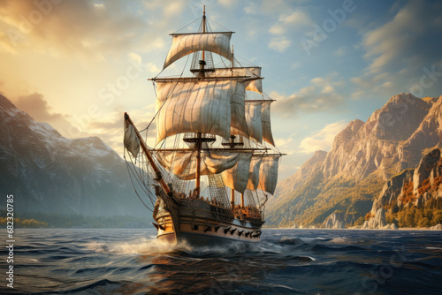 An 18th-century sailing ship navigating the high seas, emphasizing maritime exploration and trade. Generative Ai.