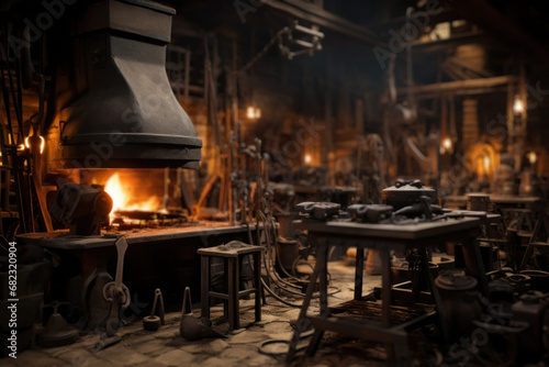 A rustic blacksmith forging tools and ironwork, representing essential crafts and trades of the 18th century. Generative Ai. photo