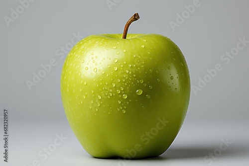  a close up of a green apple with drops of water on the top of it and on the bottom of the apple is a green apple with a brown stem.