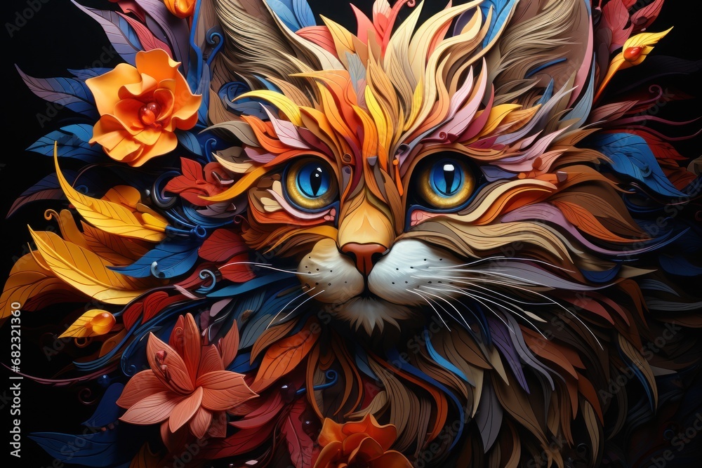  a close up of a painting of a cat with a flower on it's head and a flower on it's tail, with blue eyes and yellow, red, orange