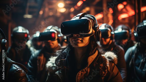 Young woman wearing virtual reality goggles in underground tunnel. Future technology concept.