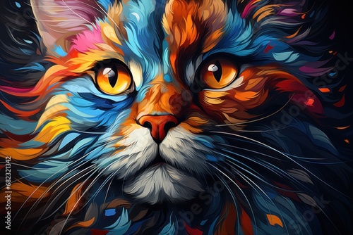  a close up of a cat's face with orange, blue, yellow, and red colors on it's face and on its face is a black background.