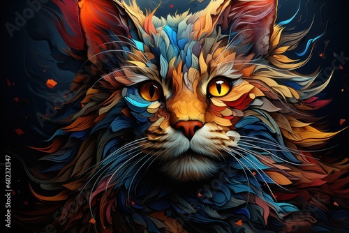  a close up of a cat's face with multicolored feathers on it's face and a black background with a red, yellow, orange, blue, yellow, and green, and blue, and orange cat's head.