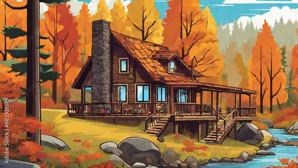 Idyllic Nature Retreat: Experience the beauty of an idyllic nature retreat. Nestled among tall trees, a babbling brook and a carpet of colorful autumn leaves, Generative AI, Generative, AI