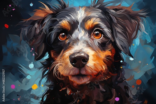  a close up of a dog's face with a black and brown dog's head in the center of the picture and a blue background with multi - colored dots.