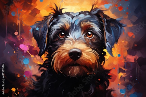  a close up of a dog's face on a painting of a black and brown dog with orange, blue, red, and yellow circles around it's eyes.