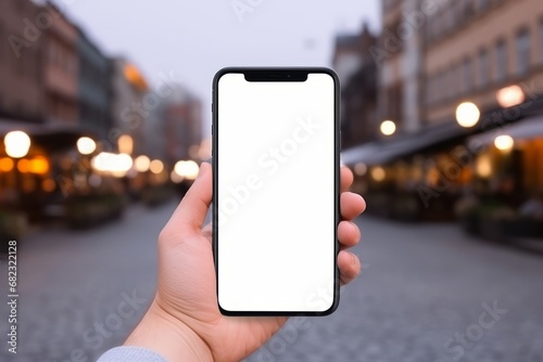 Blank template mockup phone white screen close-up on the background of old town street. The hand of a man walking in city holds a smartphone. Generative AI.