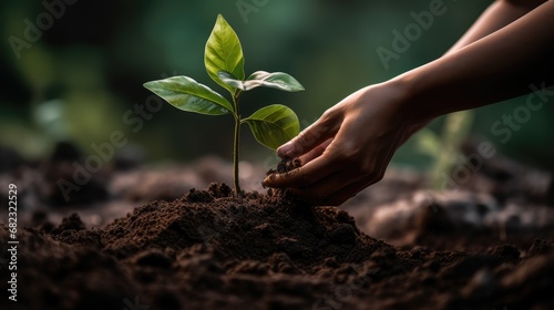 Human hands planting tree on fertile soil with blurred nature background, Ecology concept