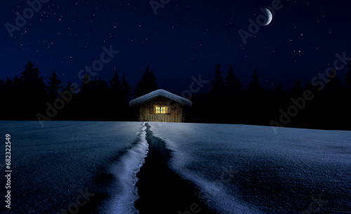 Schneebedeckte Winterhütte in sternenklarer Nacht