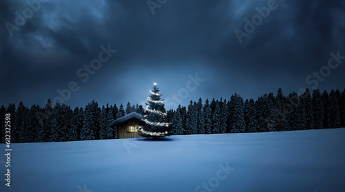 Schneebedeckte Winterhütte in sternenklarer Nacht