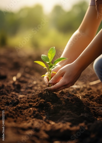 Close up of young woman hands planting tree on fertile soil in garden