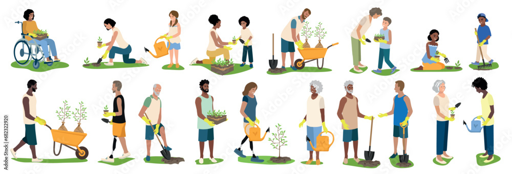 People of different ages and nationalities work in the garden. They plant seedlings, dig the ground, water the plants. Take care of the environment. Set of vector illustration on white background.