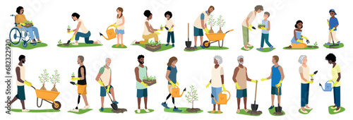 People of different ages and nationalities work in the garden. They plant seedlings, dig the ground, water the plants. Take care of the environment. Set of vector illustration on white background.