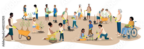 People of different ages and nationalities plant seedlings in the park. Work in the garden. Green Planet. Take care of the environment. Vector illustration on a white background.