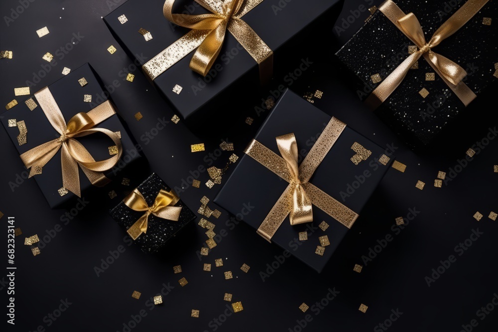 Top view of black gift boxes with black ribbon and golden confetti on isolated black background. Generative AI Top view of black gift boxes with black ribbon and golden confetti on isolated black background. Generative AI