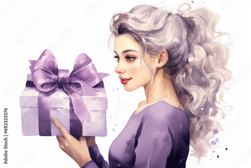 a watercolor painting of a woman holding a purple gift box with a purple ribbon and a purple bow on the top of the box, with a white background. a watercolor painting of a woman holding a purple gift box with a purple ribbon and a purple bow on the top of the box, with a white background.