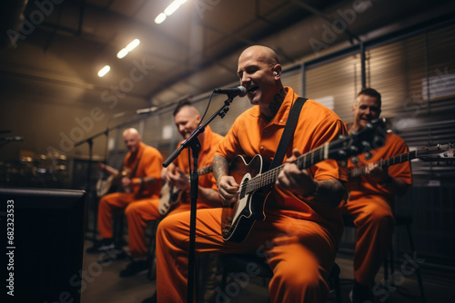 Inmate musicians rehearsing in a prison band, creating melodies within the prison walls. Concept of music therapy in rehabilitation. Generative Ai.