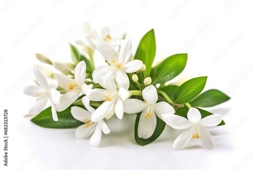 White flowers of jasmine on white isolated background. Generative AI White flowers of jasmine on white isolated background. Generative AI