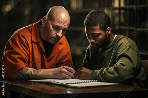A prisoner teaching a fellow inmate to read and write, promoting peer education within the correctional facility. Concept of peer tutoring. Generative Ai. photo