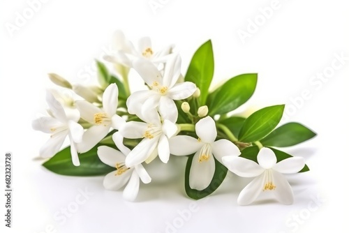 White flowers of jasmine on white isolated background. Generative AI © KaterynaVS
