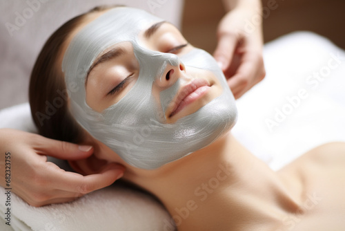 The photo shoot of a relaxed woman getting a face mark and aroma scent candle by a professional beautician at a beauty spa center. Generative AI.