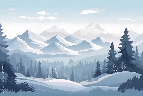 Winter mountains snowy landscape with pines forest and hills on background. Generative AI © KaterynaVS