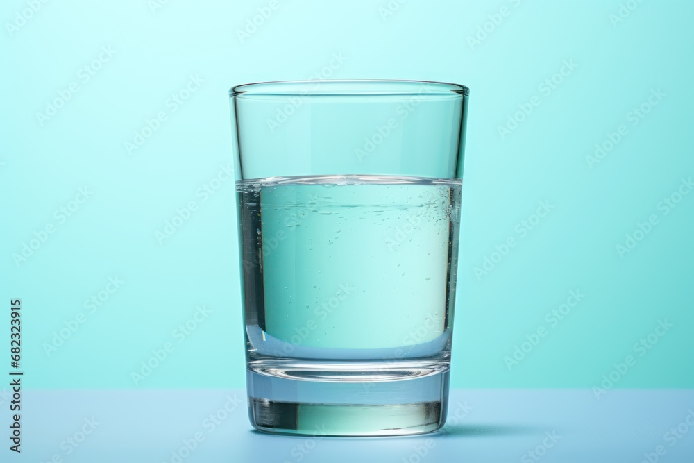 a glass filled with water sitting on top of a blue table next to a light blue wall and a light blue wall behind the glass is half filled with water. a glass filled with water sitting on top of a blue table next to a light blue wall and a light blue wall behind the glass is half filled with water.