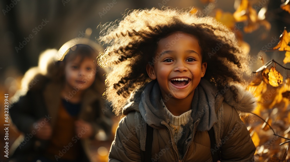 Joyful Black Kids Playing in Autumn Leaves on a Sunny Day Joyful Black Kids Playing in Autumn Leaves on a Sunny Day