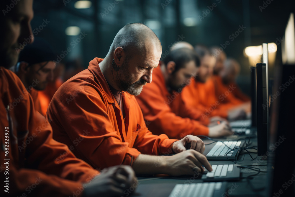 Inmates learning computer programming skills, preparing for future job opportunities upon release. Concept of technology training in prisons. Generative Ai.