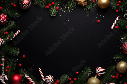Festive elegance. Christmas tree frame with red ornaments candy canes and winter decor on dark background. Holiday composition. Top view of xmas table with gift decorations