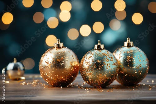  three gold and blue christmas ornaments on a wooden table with a boke of lights in the backgroung of the image and a blurry boke of lights in the background.