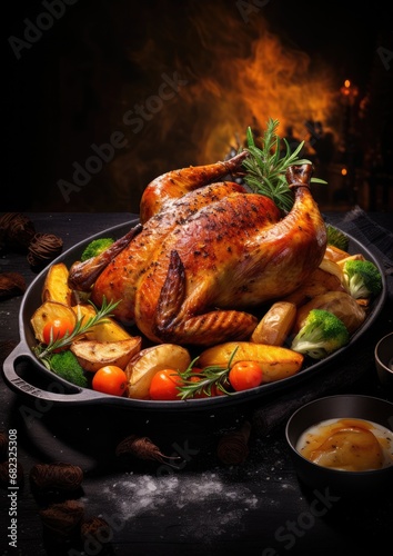 Roasted turkey christmas dinner traditional dish for thanksgiving. Generative Ai.