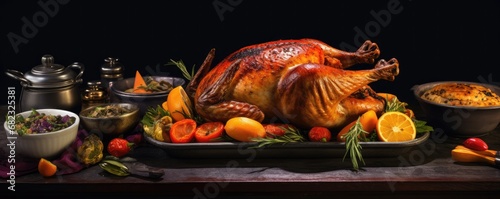 Roasted turkey christmas dinner traditional dish for thanksgiving, panorama. Generative Ai.