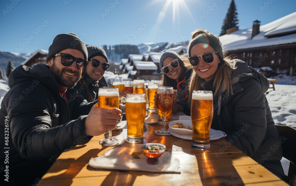 górska, zimowa biesiada znajomych przy piwie na świeżym powietrzu w słońcu - obrazy, fototapety, plakaty 
