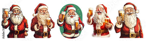 Set of  Cartoon Christmas Santa Claus with Beer, Collection, isolated on a white transparent background
