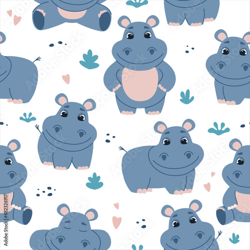 Seamless pattern with cute hippos. Pattern for children's products. Vector illustration isolated on white background.