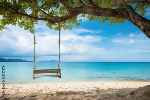 Vibrant Hanging tropical swing. Ocean swing sand. Generate Ai photo