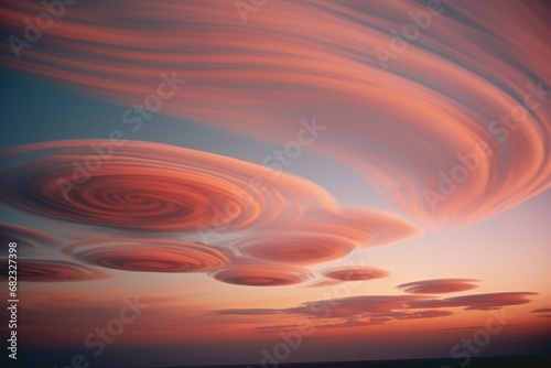 Abstract patterns of lenticular clouds, showcasing the rare and distinctive elegance of these lens-shaped cloud formations